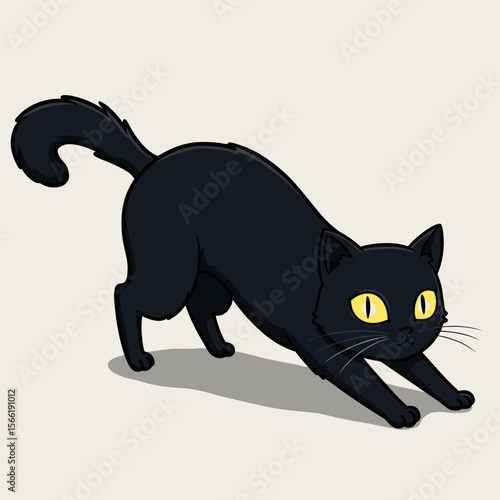 This cartoon-style black cat is caught mid-stretch, with arched back, extended paws, and glowing yellow eyes — a lively pose full of energy and feline attitude.