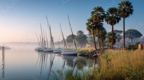 Misty Sunrise over Nile River with Docked Sailboats and Palm Trees