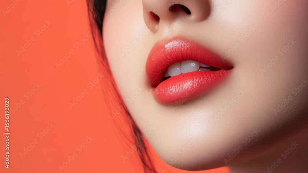 Close-up of a woman's lips with vibrant coral lipstick. Close-up of a woman's lips with vibrant coral lipstick.