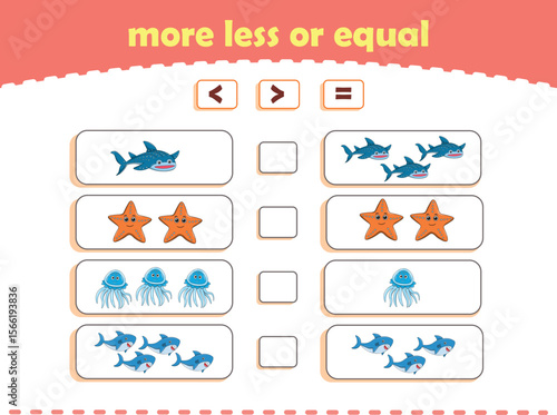 More, less or equal. Count the amount of cute wild animals. Educational math game for kids. Vector Illustration