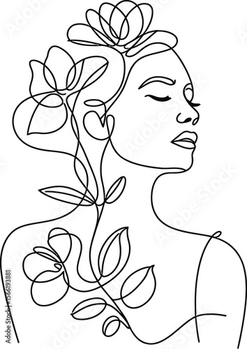 Woman's Face with Flowers One Line Drawing Black and White