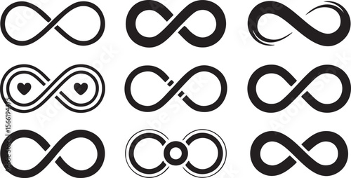 Various infinity symbols and related shapes loop endless