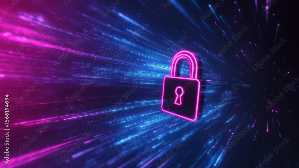 Neon pink padlock icon glowing with blue and purple digital light streaks, symbolizing cybersecurity protection and advanced technology in glowing futuristic environment with digital icon elements Neon pink padlock icon glowing with blue and purple digital light streaks, symbolizing cybersecurity protection and advanced technology in glowing futuristic environment with digital icon elements