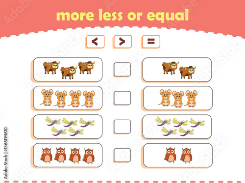 More, less or equal. Count the amount of cute wild animals. Educational math game for kids. Vector Illustration