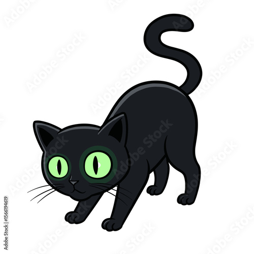This cartoon black cat has vivid green eyes and a playful crouching pose, giving off a mysterious yet fun vibe — perfect for Halloween or fantasy-themed art.