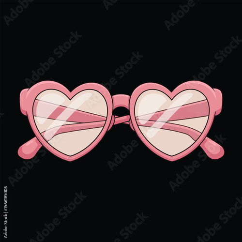 Pink heart shaped sunglasses cartoon illustration on a black background isolated design element