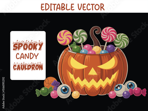 Spooky Jack-o'-Lantern Candy Bucket Filled with Halloween Lollipops, Gumdrops & Eyeball Candy – Scary Pumpkin Candy Bowl for Halloween Parties, Trick-or-Treat Events & Festive Decorations.