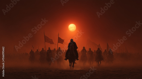 An emotionally powerful historical scene of Imam Hussein at Karbala, standing resolute with his followers amidst battle flags and horses. 