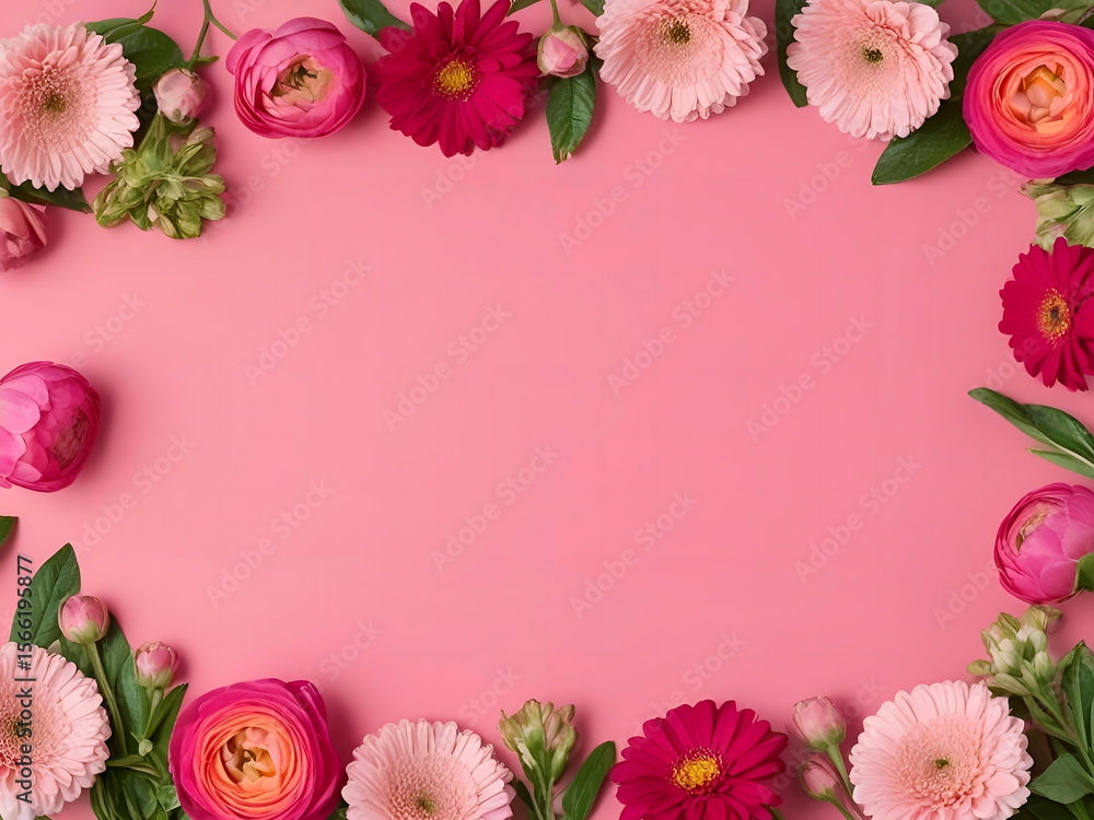 Fototapeta premium Pink Background with Colorful Flowers Forming a Border