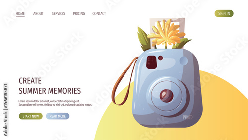 Web page design with instant camera with yellow summer flower. Vector illustration for website, promo,  banner.	
