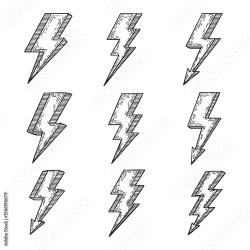 Set of Stylized Lightning Bolts Vector Engraving