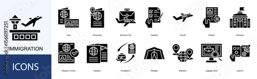 immigration icon collection set. Containing Visa, Citizenship, Business Trip, checklist, aircraft, Denied, Embassy icon
