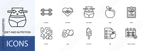 diet and nutrition icon collection set. Containing Dumbbel, Heart Beat, Lose Weight, Apple, Report, Cheese icon