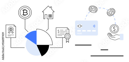 Pie chart, documents, house, blockchain, cryptocurrency, and cashless payments interconnected by lines. Ideal for finance, banking, technology cryptocurrency investment data visualization simple