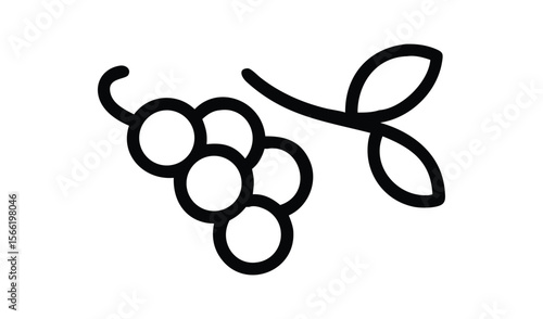 Simple black outline of a bunch of grapes with a leaf on a white background