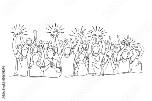 Enthusiastic Cheering Crowd One Line Vector Drawing