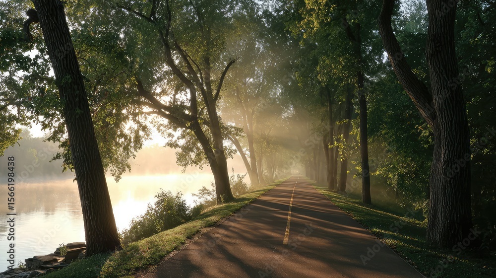 Fototapeta premium Paved trail along riverbanks with mist and trees lining both sides in the morning
