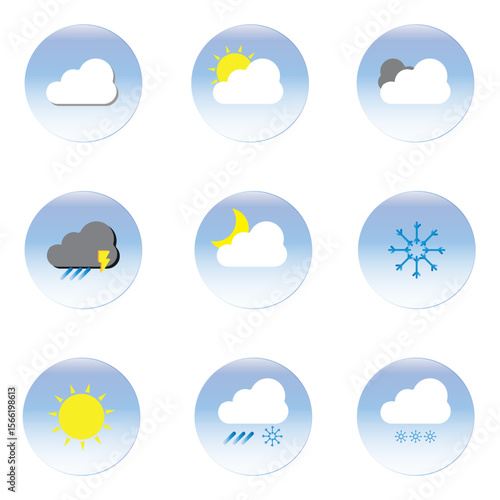 Weather Icons: Diverse set of weather icons, visually representing various atmospheric conditions in clean and minimalist style, perfect for weather applications and forecasts. 