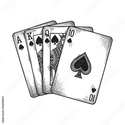 A hand of five playing cards showing the Ace, King, Queen, Jack, and Ten of Spades.