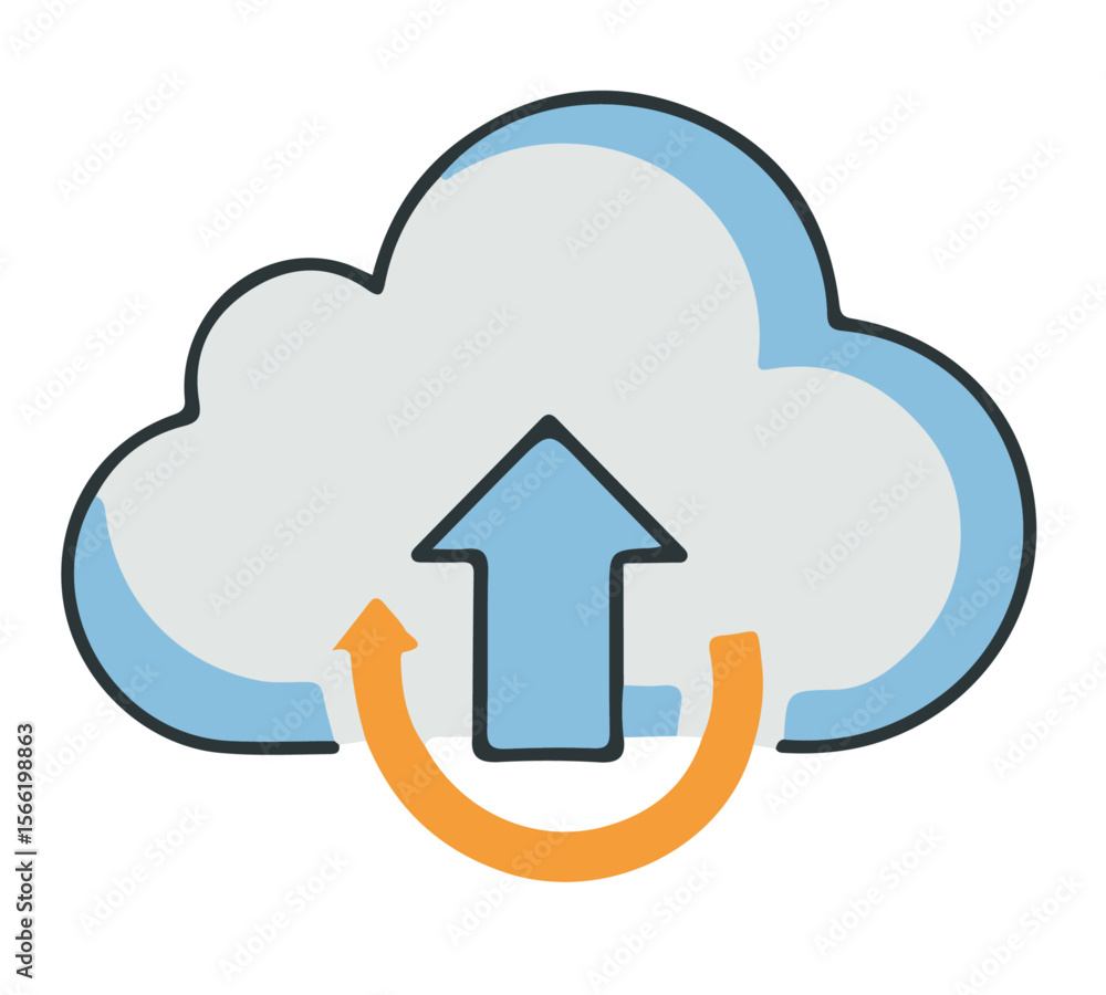 Cloud Upload and Synchronization Icon. Light blue cloud icon with an upward arrow and orange U-shaped arrow. Symbolizes cloud upload, data synchronization, and file transfer to online storage. Cloud Upload and Synchronization Icon. Light blue cloud icon with an upward arrow and orange U-shaped arrow. Symbolizes cloud upload, data synchronization, and file transfer to online storage.