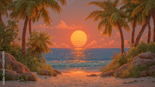 Tropical Beach at Sunset with Palm Trees and Gentle Ocean Waves
