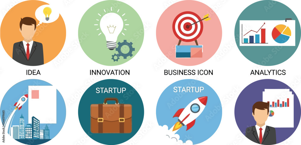 Fototapeta premium Business startup icons set with idea innovation analytics and other concepts