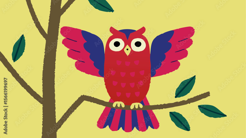 Fototapeta premium Cute brown wise owl character with big eyes on a tree branch, a fun nature design illustration