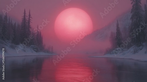 A serene winter landscape with a vibrant pink sunset over a frozen river.