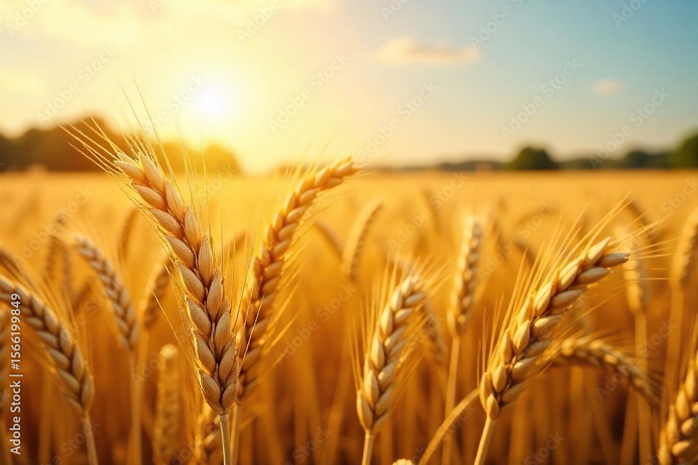 Fototapeta premium Golden Wheat Field Ready for Harvest Under Summer Sun A Bountiful Crop of Ripe Grain Beckons the Farmers Gathering.