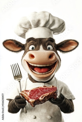 Humorous cartoon cow chef happily presenting a steak with a fork in a bright and playful kitchen setting