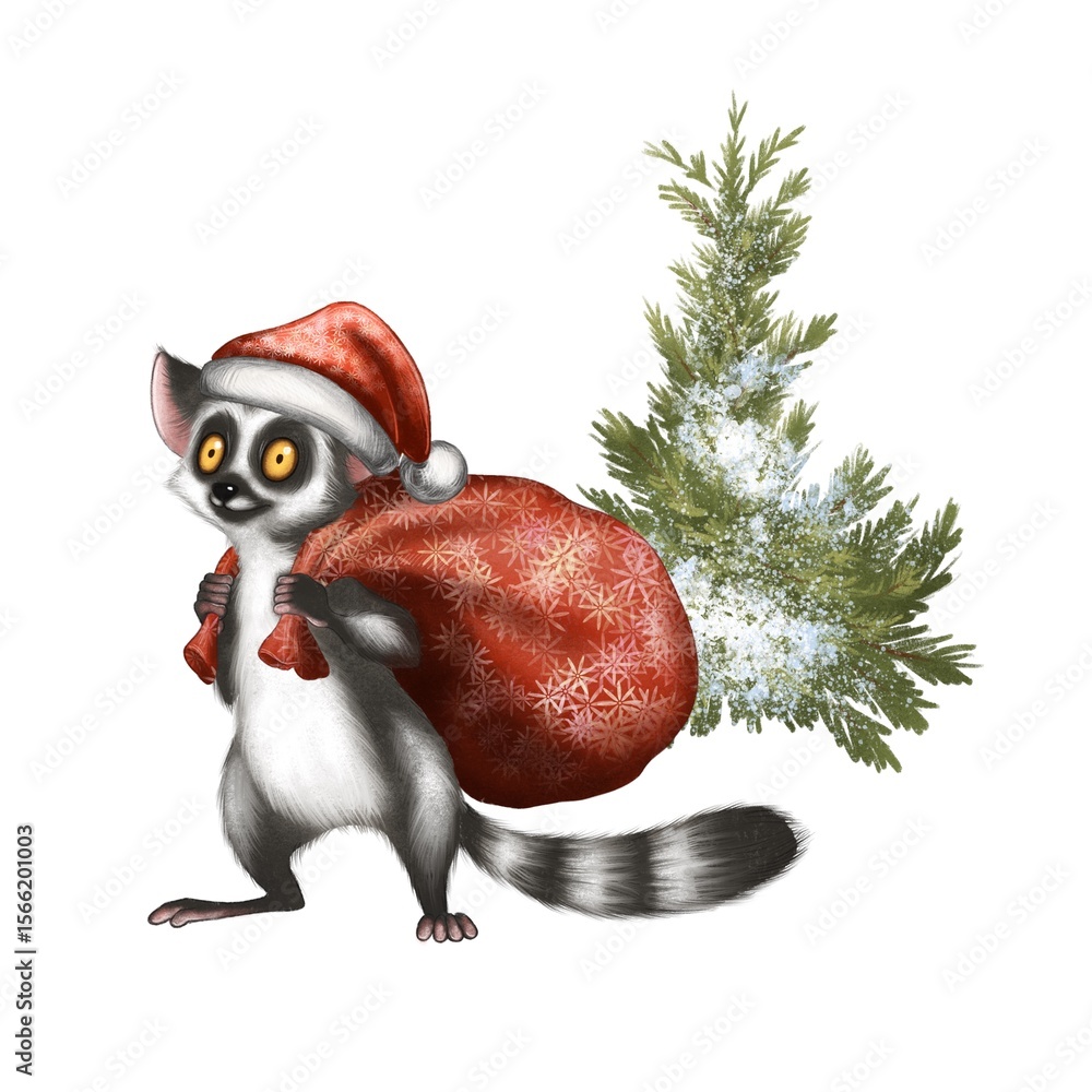 Cute lemur in a Santa hat carrying a sack of gifts next to a decorated snowy tree Cute lemur in a Santa hat carrying a sack of gifts next to a decorated snowy tree