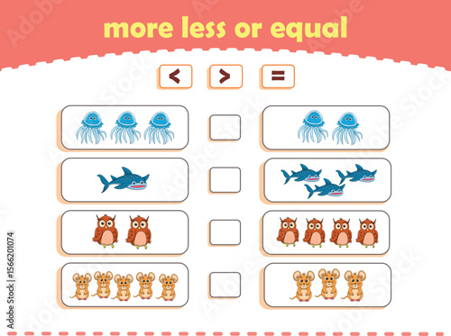 More, less or equal. Count the amount of cute wild animals. Educational math game for kids. Vector Illustration