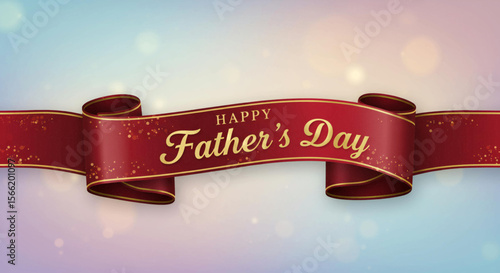 A curled red ribbon trimmed with gold reads Happy Fathers Day in gold text against a blurred softlit background