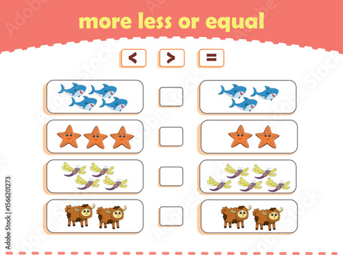 More, less or equal. Count the amount of cute wild animals. Educational math game for kids. Vector Illustration