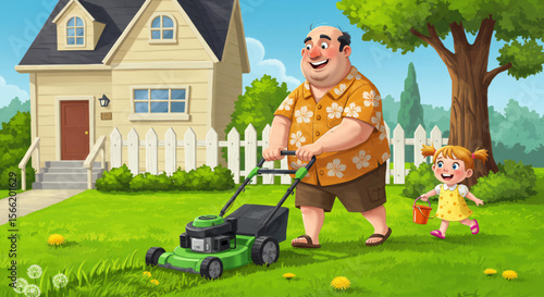 Cheerful dad mowing lawn with daughter in front of house with white fence