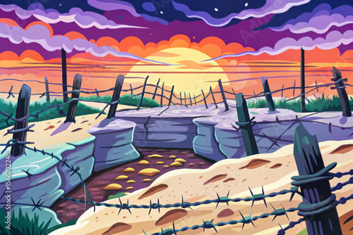 trench warfare featuring barbed wire, muddy terrain, and battlefield atmosphere vector ideal for historical war games, educational visuals, and military-themed design