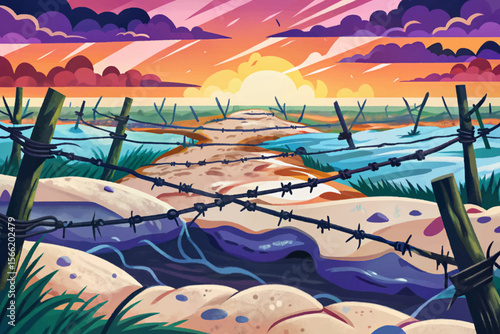 trench warfare featuring barbed wire, muddy terrain, and battlefield atmosphere vector ideal for historical war games, educational visuals, and military-themed design