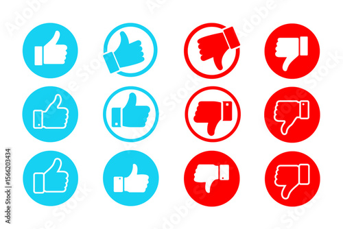 Like dislike button set. Modern thumbs up/down icons for social media, apps, and web. Blue and red customizable voting buttons