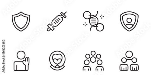 Collection of eight black and white line art icons representing health and safety measures and concepts