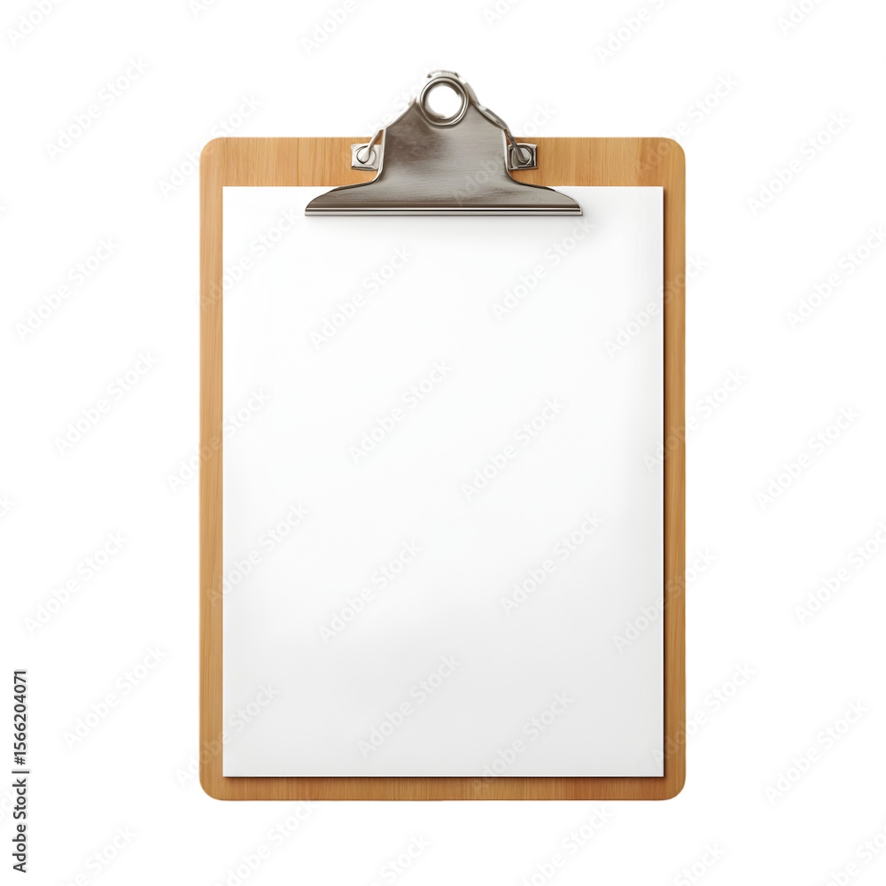 A wooden clipboard with a blank white paper sheet and a metallic clip isolated on transparent background A wooden clipboard with a blank white paper sheet and a metallic clip isolated on transparent background