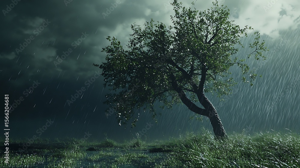 Fototapeta premium Powerful storm lashes lonely tree in rain high resolution picture