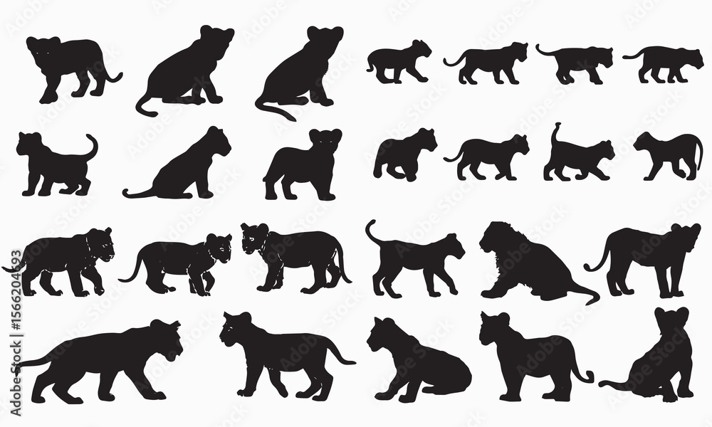 Fototapeta premium Set of Lion Cub Silhouette Vectors – Wild Animal Baby Icons for Safari, Wildlife, and Graphic Design Projects