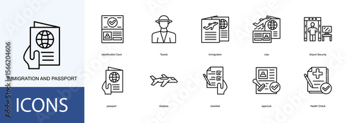 immigration and passport icon collection set. Containing Identification Card, Tourist, Immigration, visa, Airport Security, passport icon