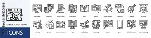 Internet Advertising icon collection set. Containing Web Browser, Ab Testing, Word Of Mouth, Cross Platform, book, discount icon
