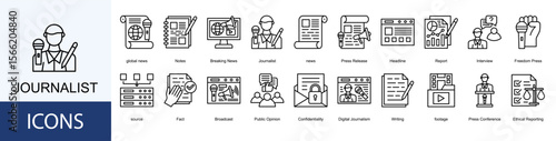 Journalist icon collection set. Containing global news, Notes, Breaking News, news, Press Release, Headline, Report, Interview icon