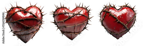Set of Red cracked heart entwined in sharp thorns isolated on white transparent background, symbolizing pain, love or heartbreak