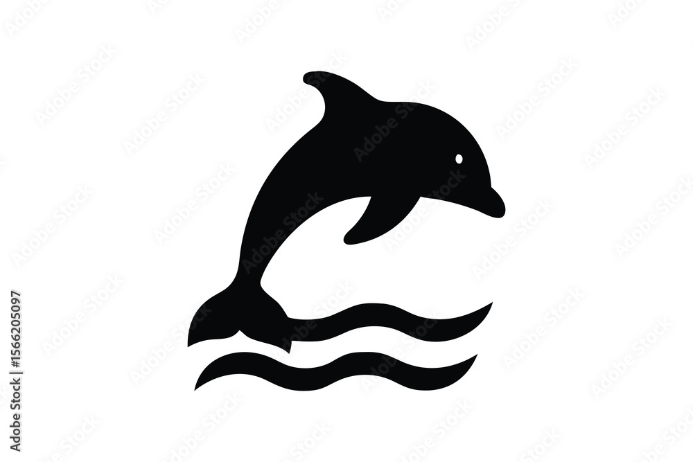 Fototapeta premium tropical palm trees, dolphins jumping in waves, minimalist silhouette style, blue sky background, black and white with blue accents, high contrast, simple geometric shapes, clean and modern design
