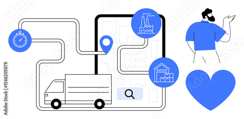 Truck following a route on a digital map with pinpoint, stopwatch, factory, delivery, and heart icons. Ideal for logistics, transportation, supply chain, delivery services planning technology