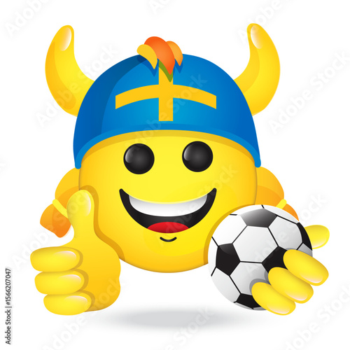 Football fan, emoji in Swedish flag colors hat. Vector emoticon happy smiles holding thumb up, soccer ball. Yellow emoticon for internet chats, sports bars. Isolated icon for mobile apps, social media