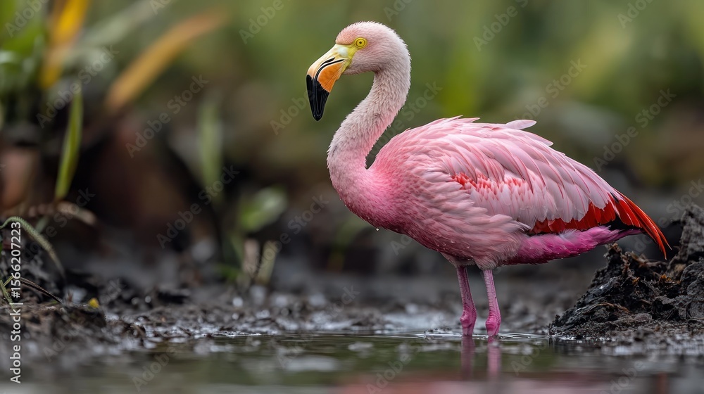 Fototapeta premium Pink flamingo wading in shallow water.